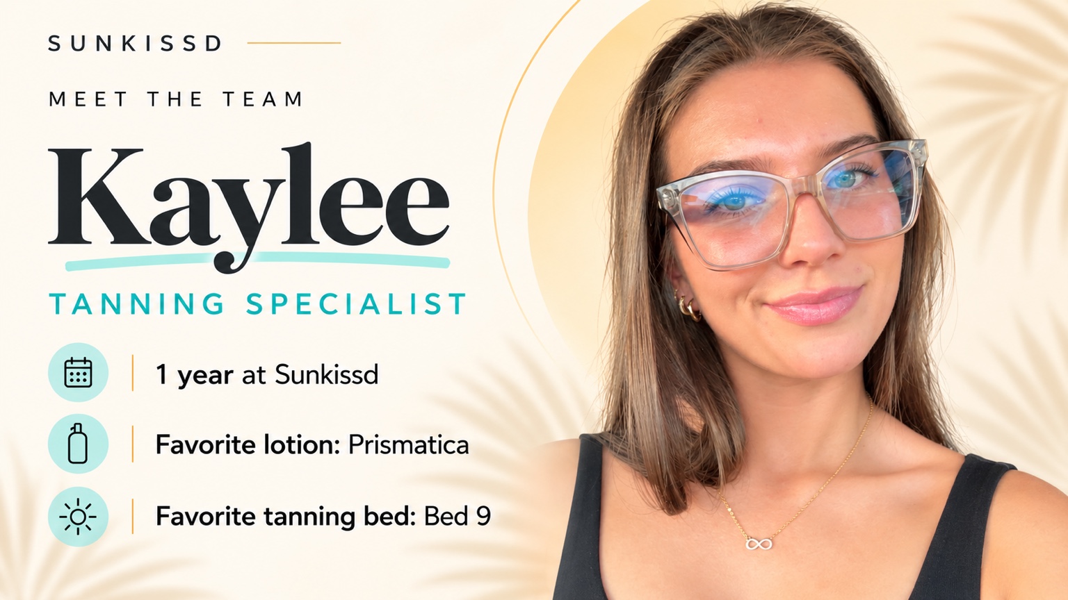 Sunkissd profile graphic featuring Kaylee, Tanning Specialist